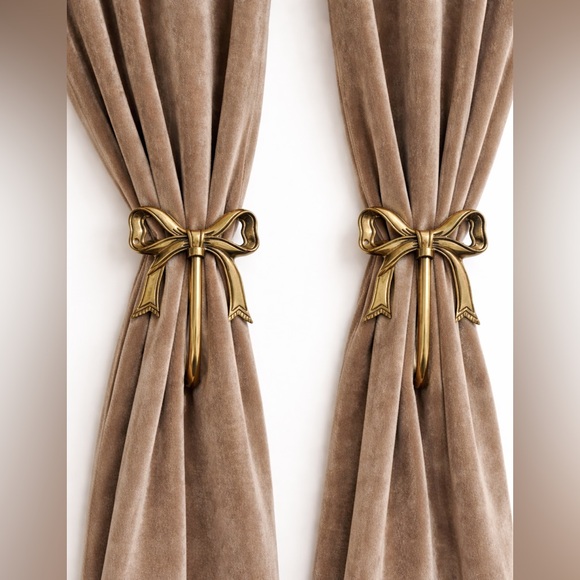 Vintage Solid Brass Ribbon Curtain Tieback Hollywood Regency Double Bow Hook - Picture 5 of 5